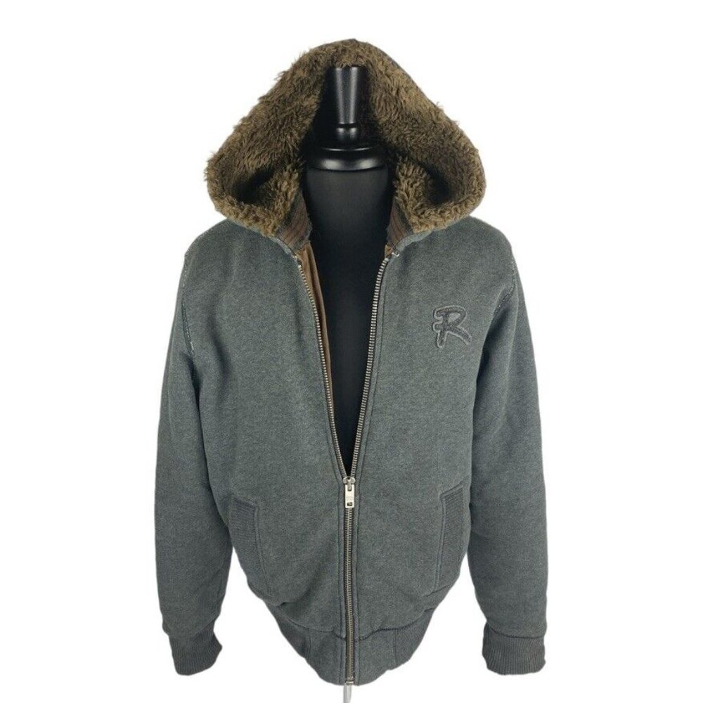 Ruehl No.925 Mens Faux Fur Fleece Hoodie Coat Jacket R Emblem Size Large